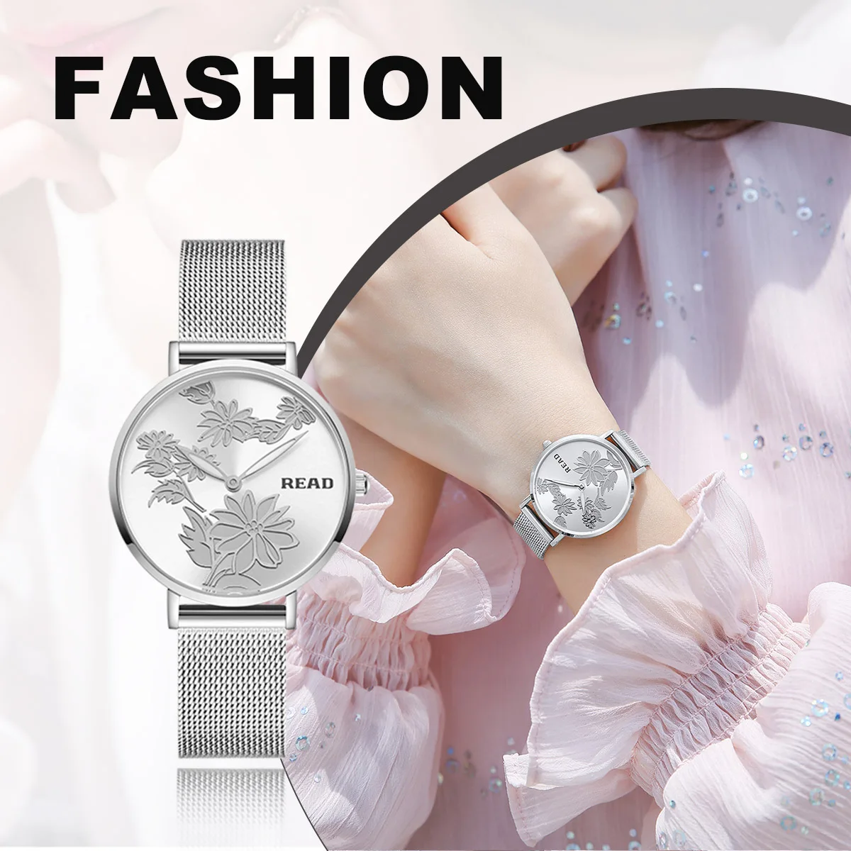 READ Women Quartz Watch | Floral Embossed Dial | Stainless Steel Mesh Band | 30M Water Resistant Ladies Dress Wrist Watch