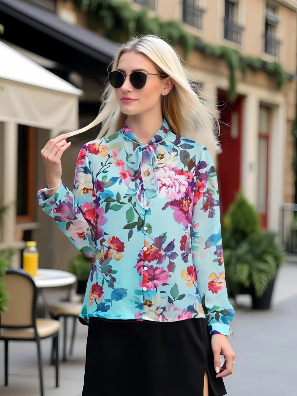 

PB&ZA 2025 new women's long-sleeved floral print shirt with tie details at the neckline. Versatile temperament