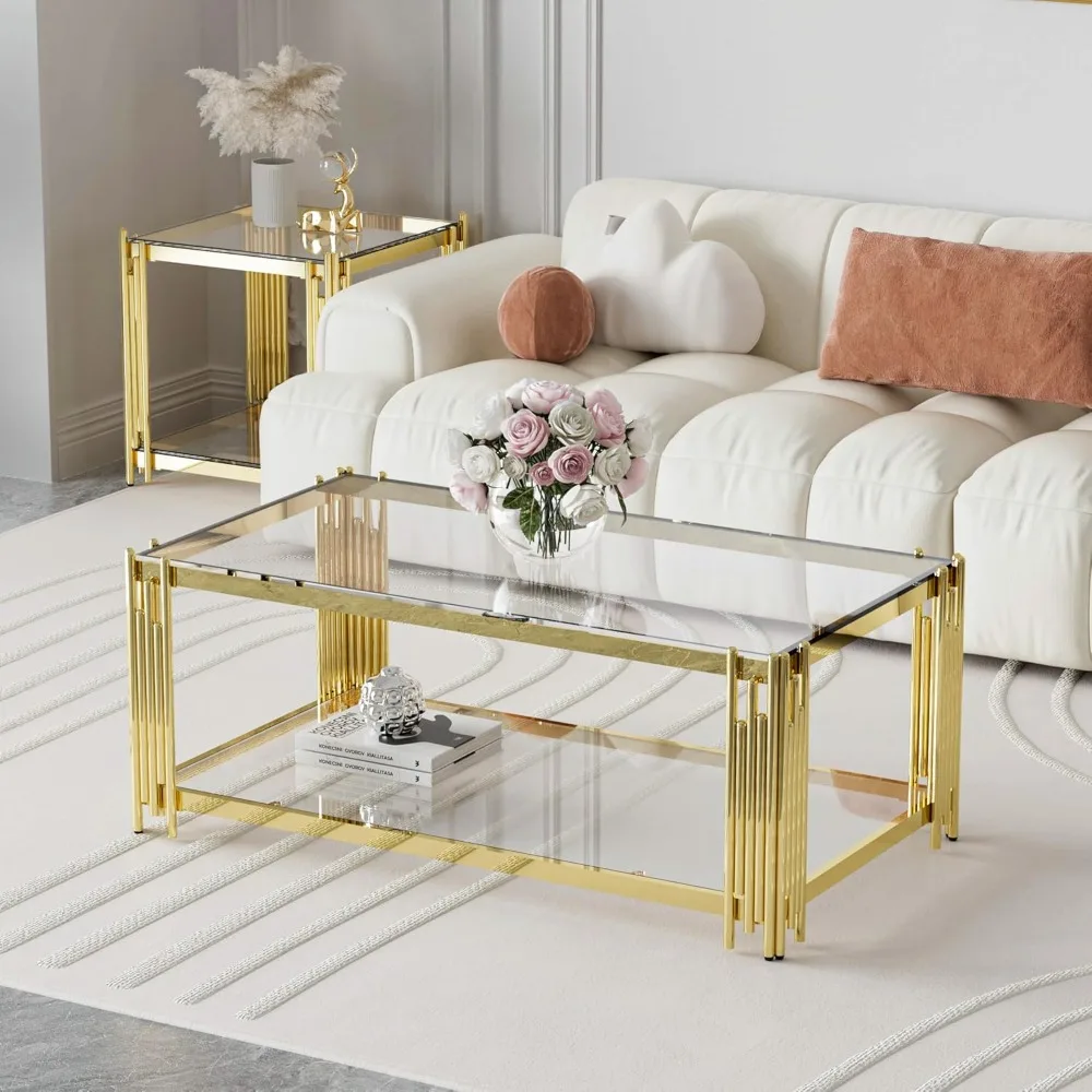 Zestaw 3 złotych szklanych stolików kawowych, stolik pomocniczy, nowoczesny zestaw stolików do salonu, prostokątny, przezroczysty, ze szkła hartowanego, luksusowy, ze stali nierdzewnej.