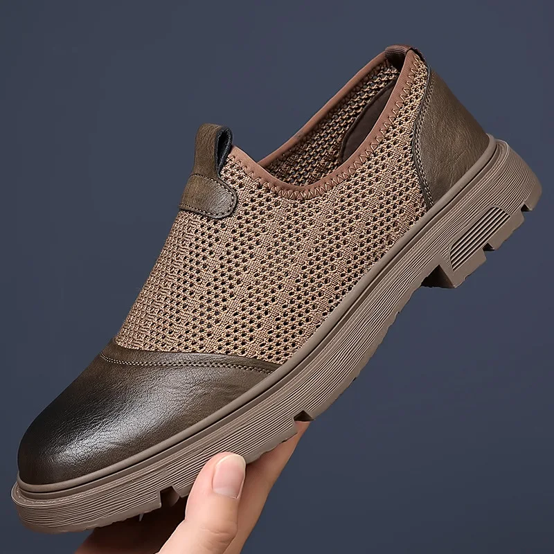 

New 2025 Spring Summer Breathble Comfortable Cutout Mesh Shoes Men's Flats Slip on Casual Leather Shoes Office Driving Daily
