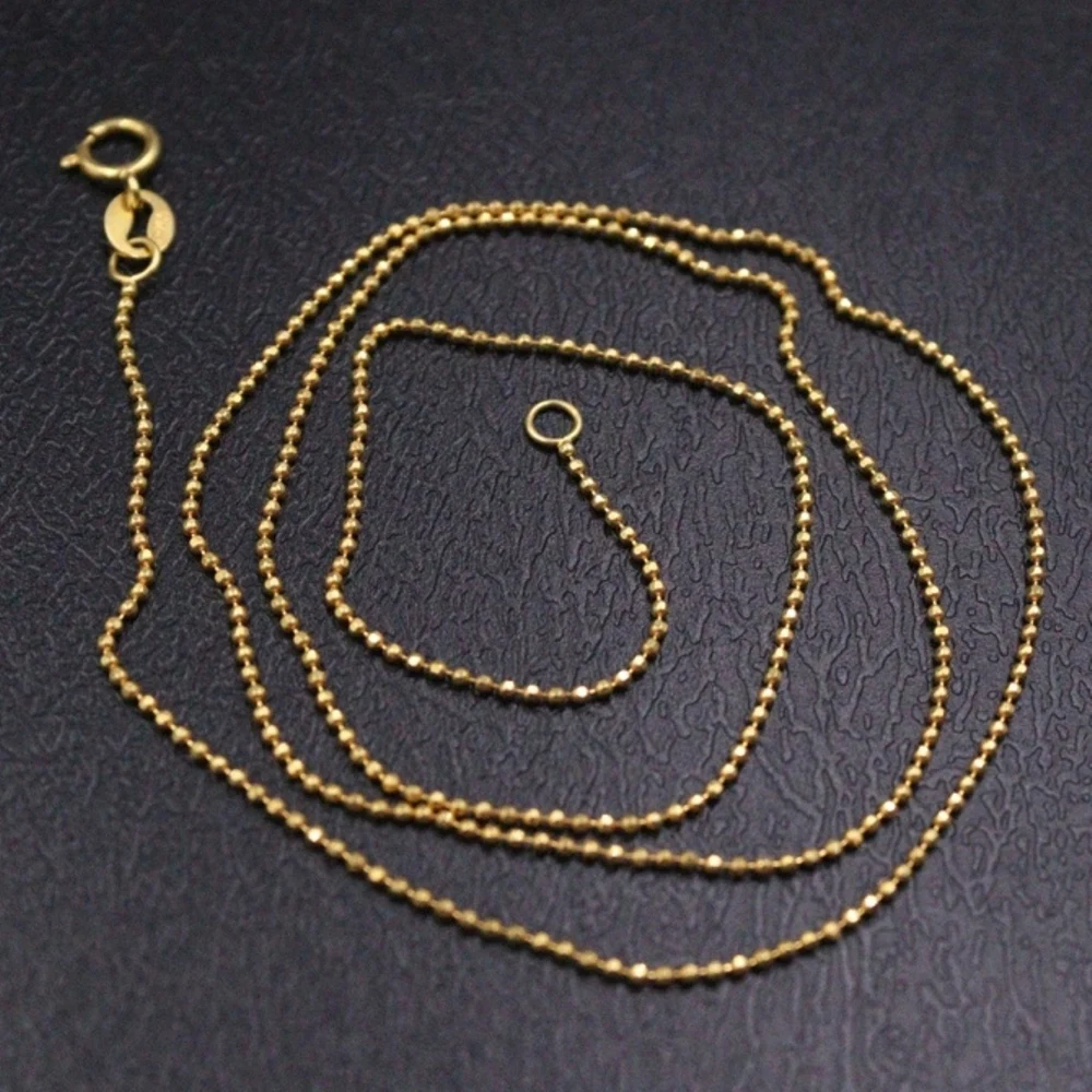 

Real Pure 18K Yellow Gold Chain Women 1mm Carved Beads Link Necklace 2.01g /45cm