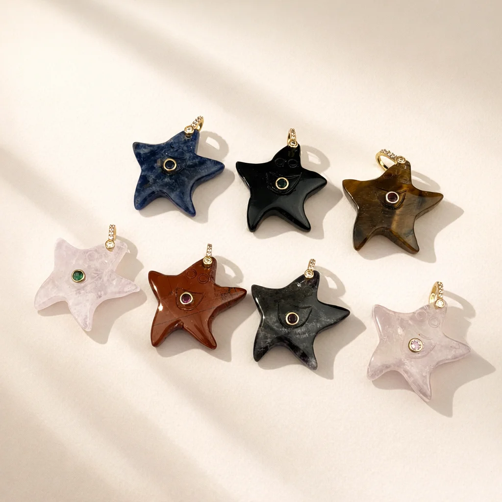 Natural Gemstone Obsidian Amethyst Smiling Starfish Pendant Inlaid Zircon for Women Girl Necklace DIY Jewelry