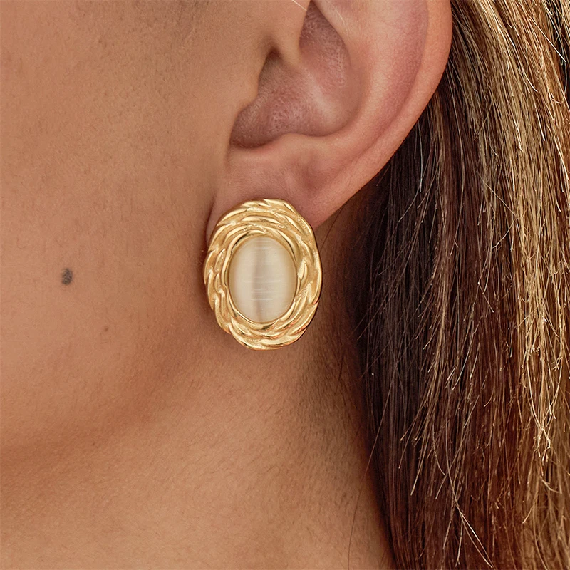 Ars Stainless Steel Oval Stud Earring for Women 18k Gold Plated Earrings Vintage Opal Earring No Tarnish Everyday Earrings