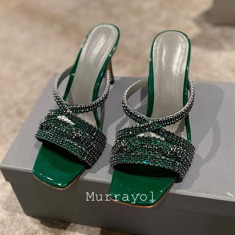 New Square Toe Rhinestone Decor Thin Heels Slippers Women One Strap High Heels Sandals Summer Dress Shoes Pumps Buty ślubne