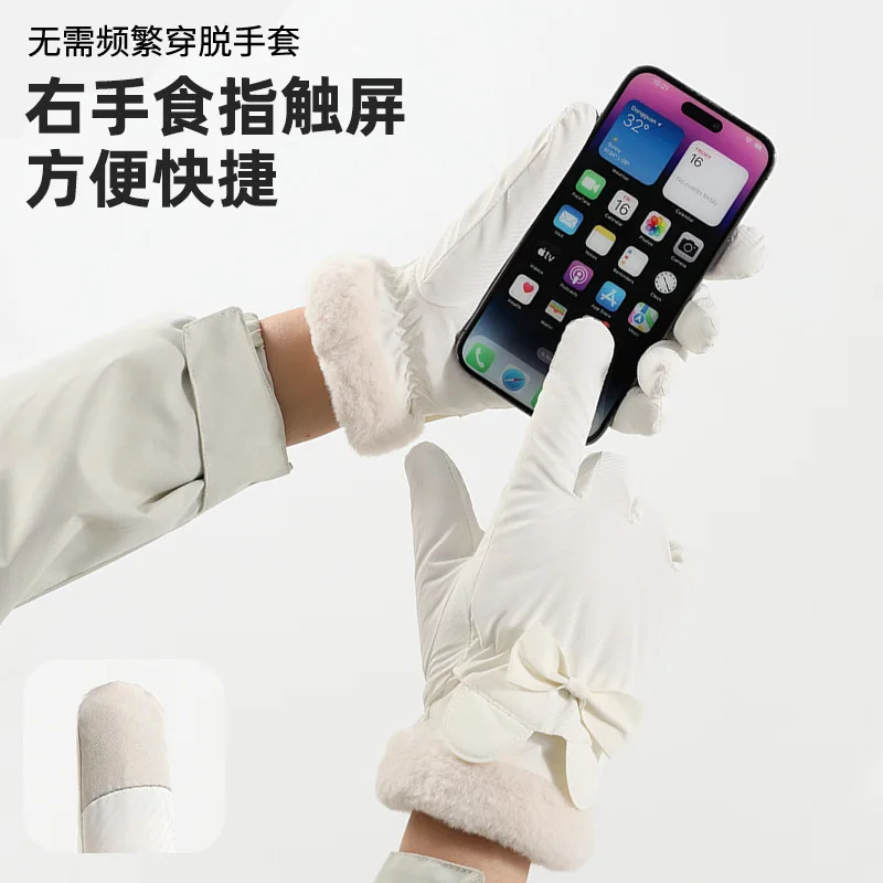 겨울에 여성을위한 귀여운 활 따뜻한 장갑 플러스 벨벳 두꺼운 사이클링 야외 스키 터치 스크린 방수 스포츠 장갑