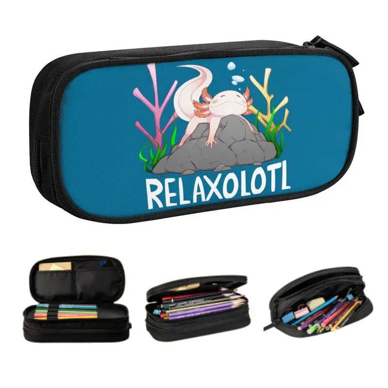 Custom Relaxolotl A Cute Relaxing Axolotl On A Rock Pencil Cases Large Storage Relax Animal Fish Axolotl Pencil Bag Stationery