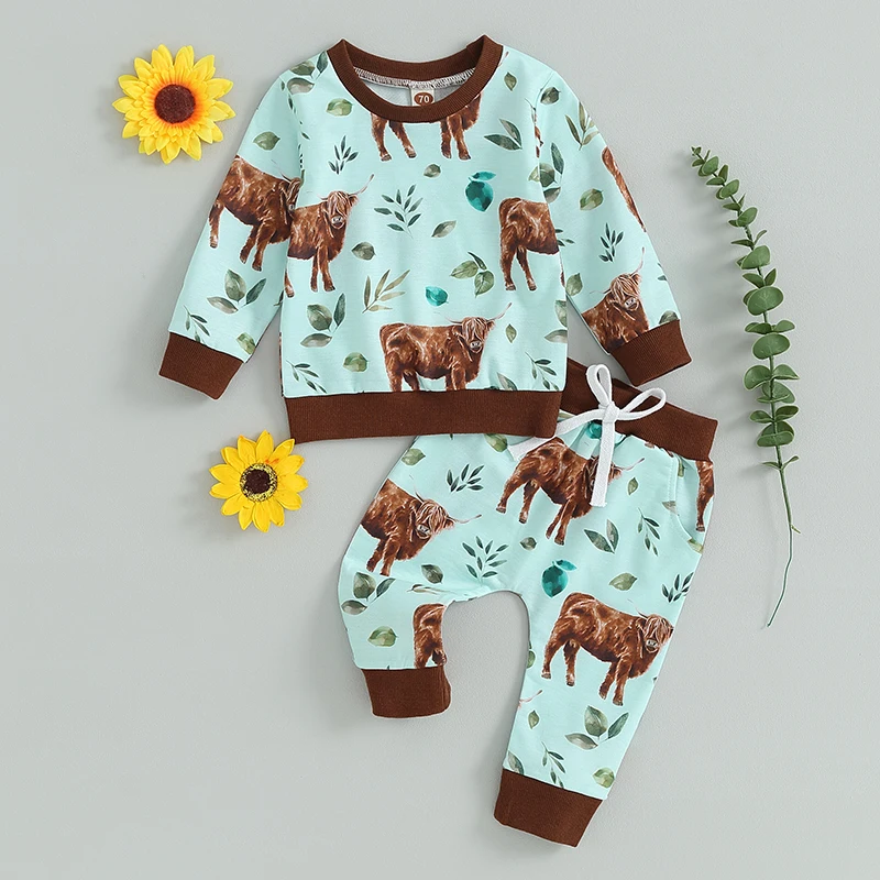 2023-08-24 Lioraitiin 0-3Y Toddler Boys Girls Western Clothes Sets 2pcs Flower/Cow Head Print Sweatshirt Elastic Waist Pants