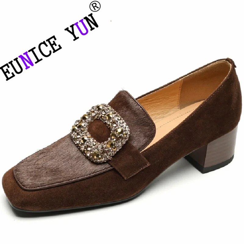 

【EUNICE YUN】Square Crystal Buckle Women Casual Shoes Square Toe Low Heel Suede Leather Fashion Comfort Loafers 34-40