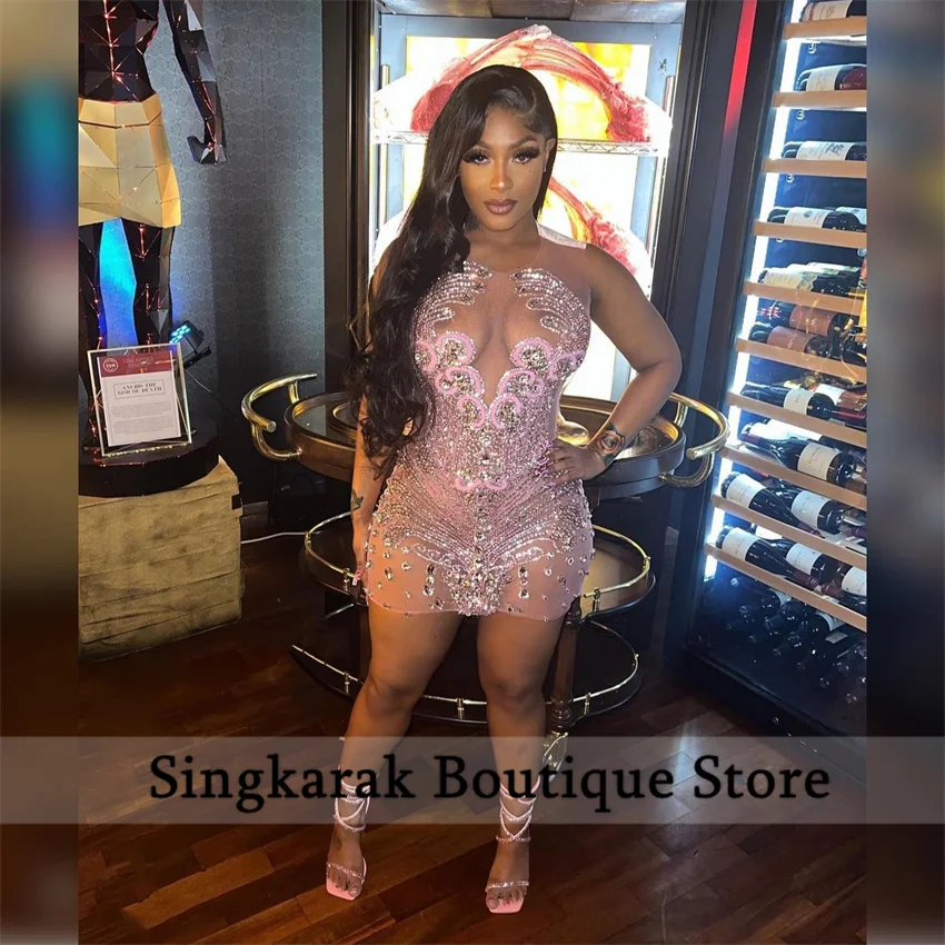 Sexy Pink Diamonds Sheer Neck Short Prom Dress For Black Girls Glitter Beaded Crystals Rhinestone Birthday Party Gowns