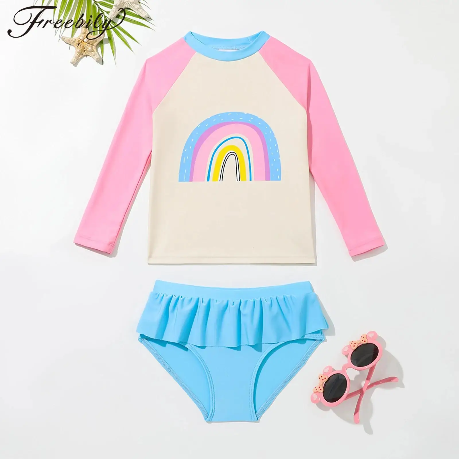 

Kids Girls 2 Pieces Swimsuit Long Sleeve Swim Top Rainbow Print Swimwear Rash Guard with Ruffle Shorts Bathing Suit Beachwear