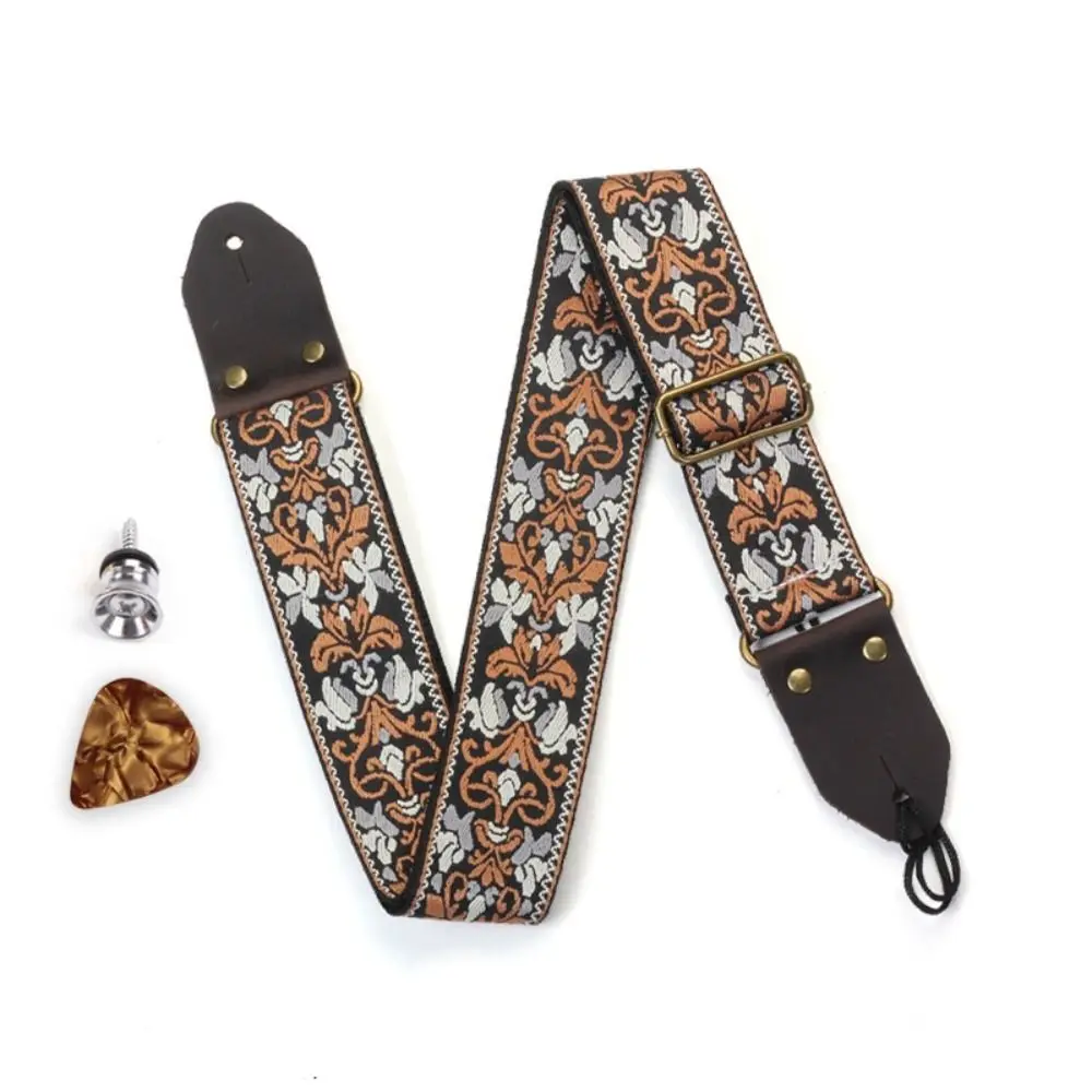 

Vintage Flowers Embroidered Guitar Strap Tail Nail Pick Adjustable Guitar Strap Belt Ultra Thick Leather Head