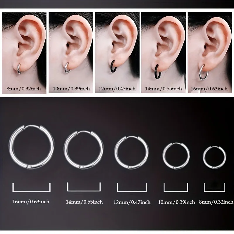 5 Pcs Men\'s Simple Stainless Steel Hoop Earrings, Unisex Earrings, Cartilage Piercings Jewelry