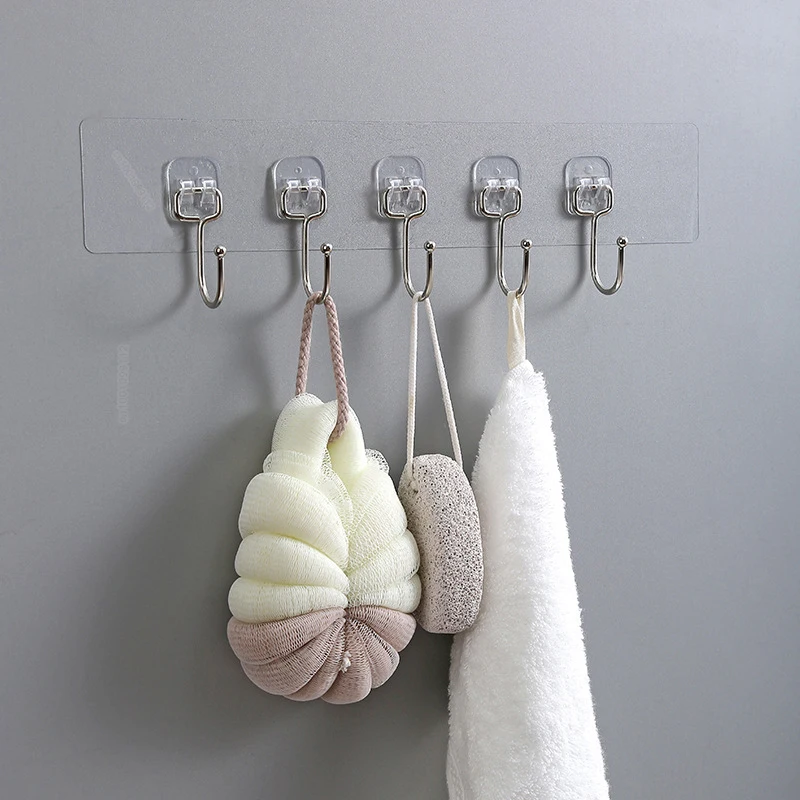 3/4/5/6 Row Transparent Wall Hooks Strong Adhesive Door Wall Hangers for Kitchen Bathroom Towel Clothes Key Holder Organizers