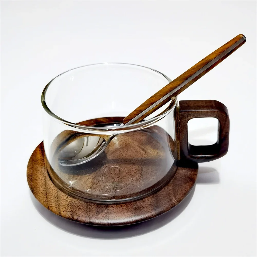 200ml American Latte Glass Coffee Mug With Round Wooden Tray Spoon Heat-resistant Fresh Ground Coffee Cup Set Drinkware