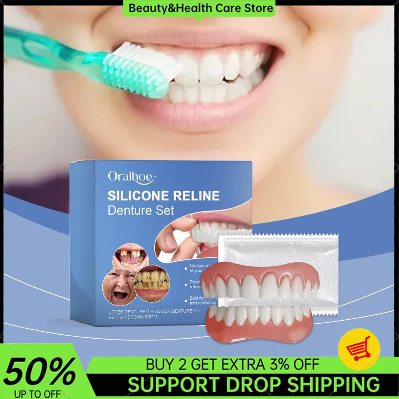 Silicone Reline Modification Denture Set Beautiful Teeth Fills Gap Upper Lower False Teeth Decoration Set Easy Use for Women Men