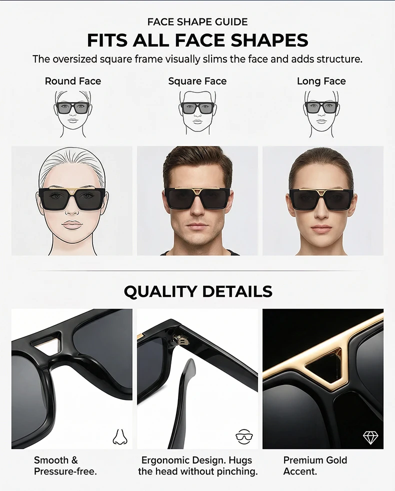 Übergroße polarisierte quadratische Steampunk-Sonnenbrille für Herren, groß, 2025, Luxusmarke, Vintage-Punk-Sonnenbrille für Männer, klassische Farbtöne, UV400 – Detail 9