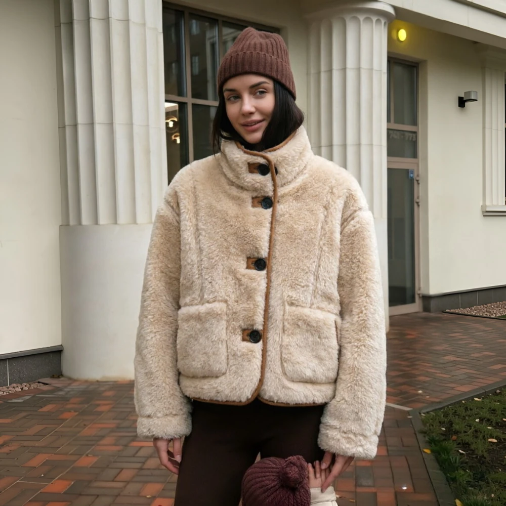 Suninheart Faux Shearling Jacket Winter Double-Faced Reversible Coat Single-Breasted Warm Oversized Outwear