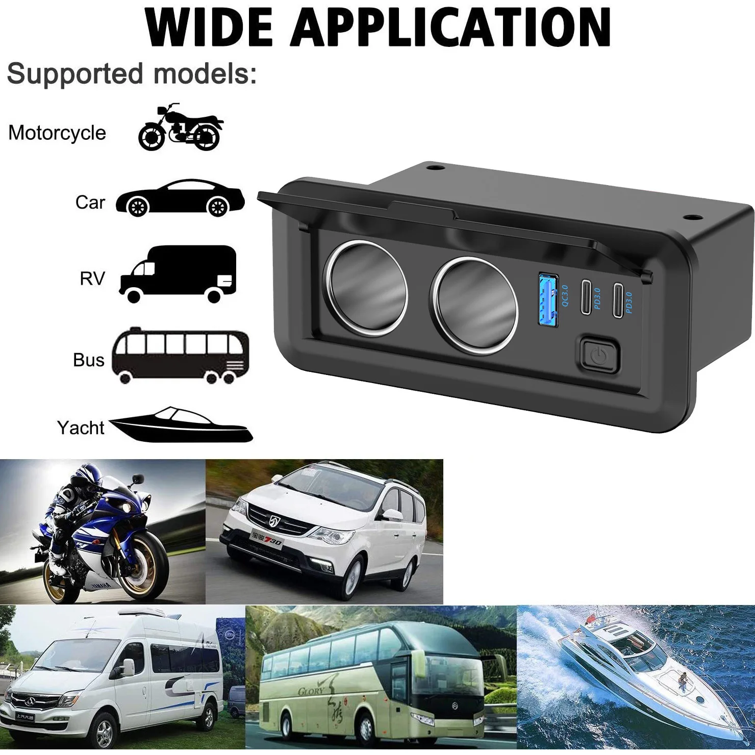 

12V Car Charger Power Adapter QC3.0 & Dual PD3.0 Outlet Cigarette Lighter Multi Socket with Switch for RV Marine Truck ATV UTV