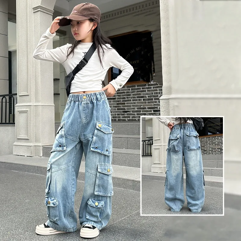 Teenage Boys Girls Casual Cargo Jeans With Multi Pocket Preppy Loose Children Denim Pants Fashion Kids Trousers Sweatpants