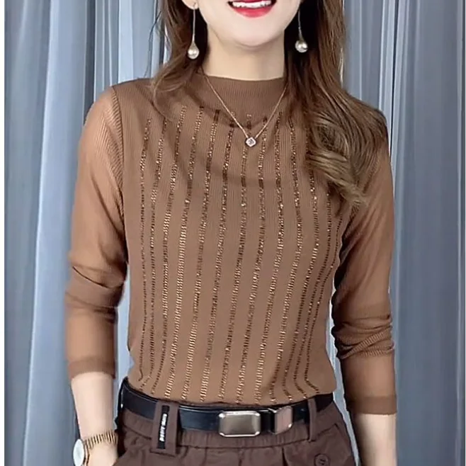 

Half High Collar Long Sleeves Simplicity Solid Color Commuting Pullover Fashionable and Elegant Women's Top with Hollowed Out