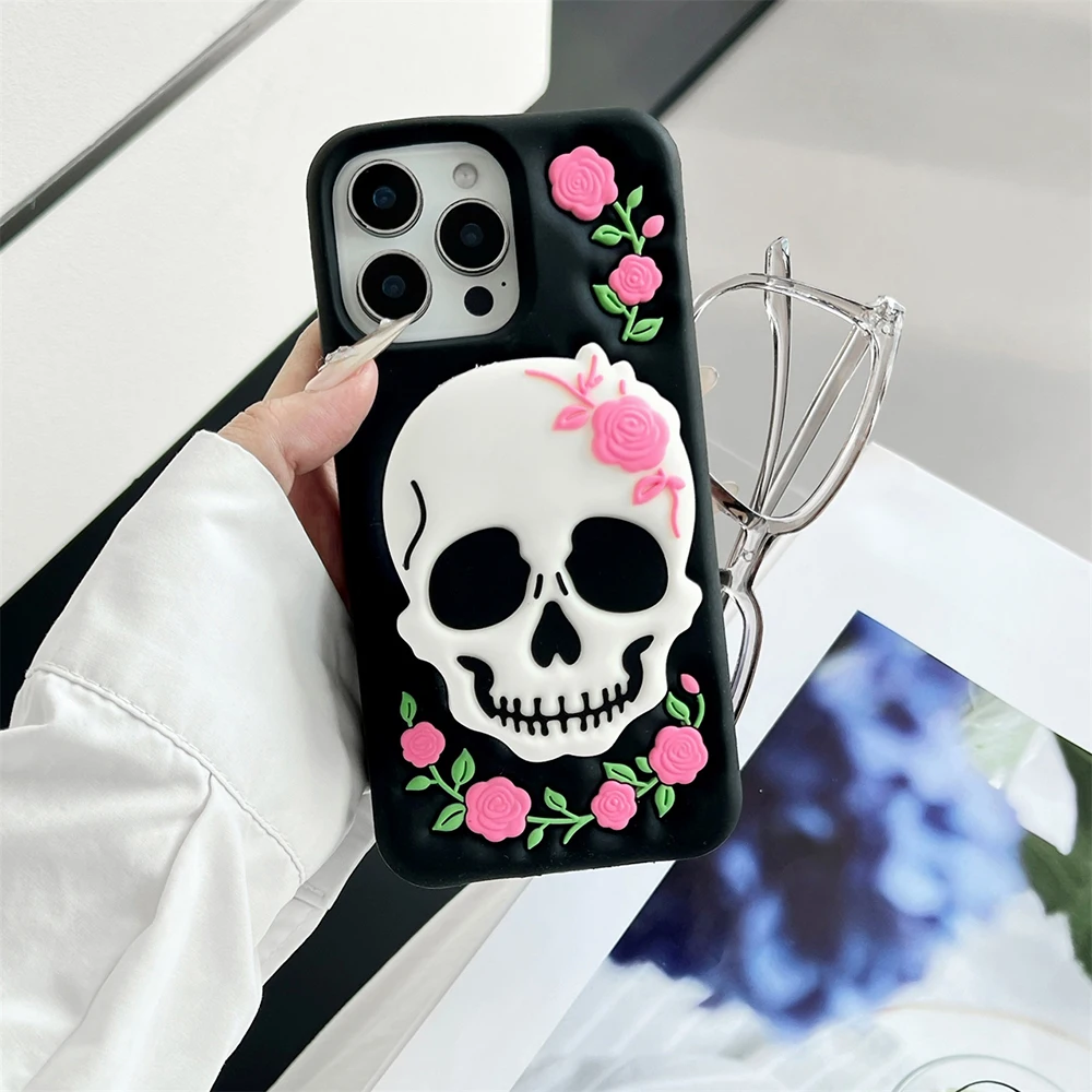 Lustige Halloween-Schädelhalterung, weiche Silikonhülle für iPhone 16 Plus 15 14 13 12 11 Pro Max, 3D-Cartoon-Ständerhalter-Abdeckung – Detail 6