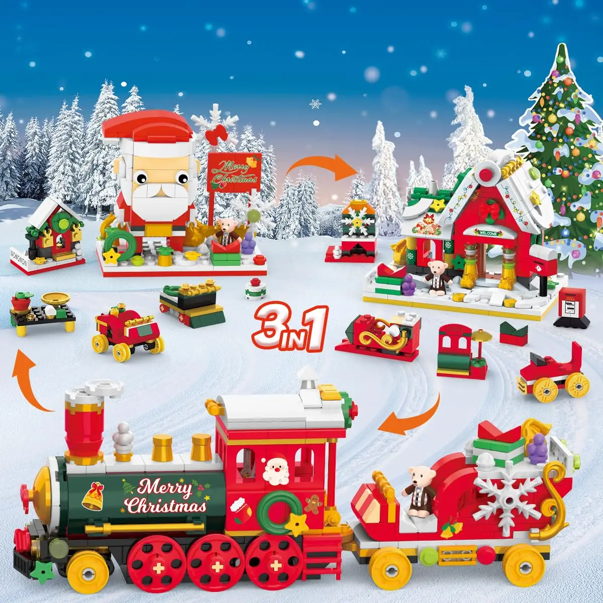 HOGOKIDS 3-in-1 Christmas Building Set with LED-Holiday Train Santa Claus Xmas House Mini with Xmas Home Decor Gift for Kids 6+