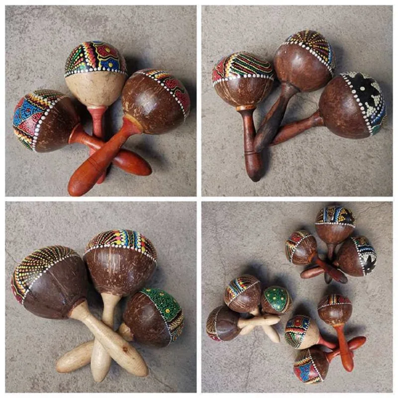 Natural Coconut Shell Sand Hammer Educational Children Shaker Hand Rattle Percussion Musical Instrument Wooden Handmade Maracas