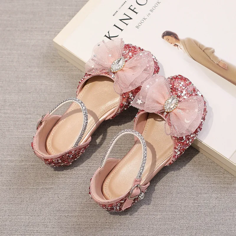 New Baby Princess Sandals Bow Rhinestone Children Open Toe Soft Bottom Anti-skid Crystal Dancing Shoes Leather Shoes Size 24-35