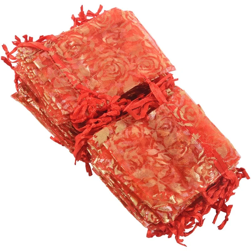 400Pc 7X9cm Rose Organza Drawstring Gift Jewelry Bags Pouches Wedding Xmas Party Gifts Bags Red