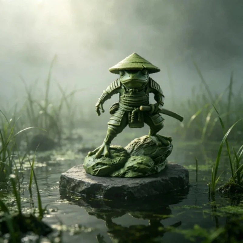 3D Samurai Frog Statue with Retro Bamboo Hat Armor Japanese Warrior Frog Desktop Figurine Study Tea Table Entryway Decorative