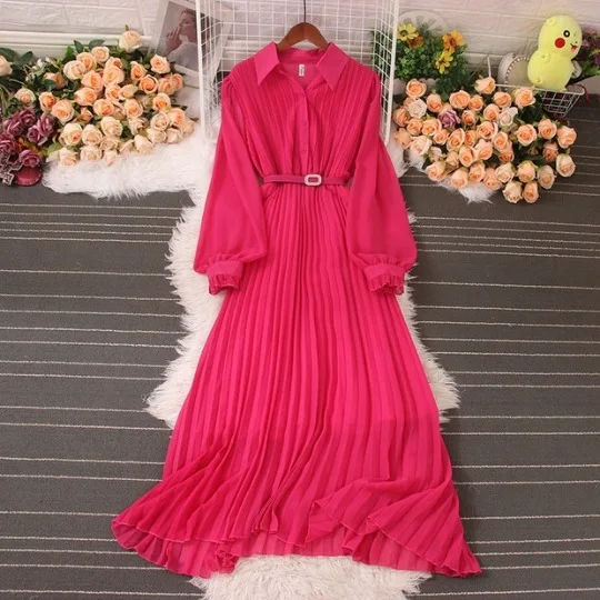 2024 Spring New Collection Waist Slimming Flip Collar Hundred pleats Elegance Ruffle Edge Long Sleeve Large Swing Dress