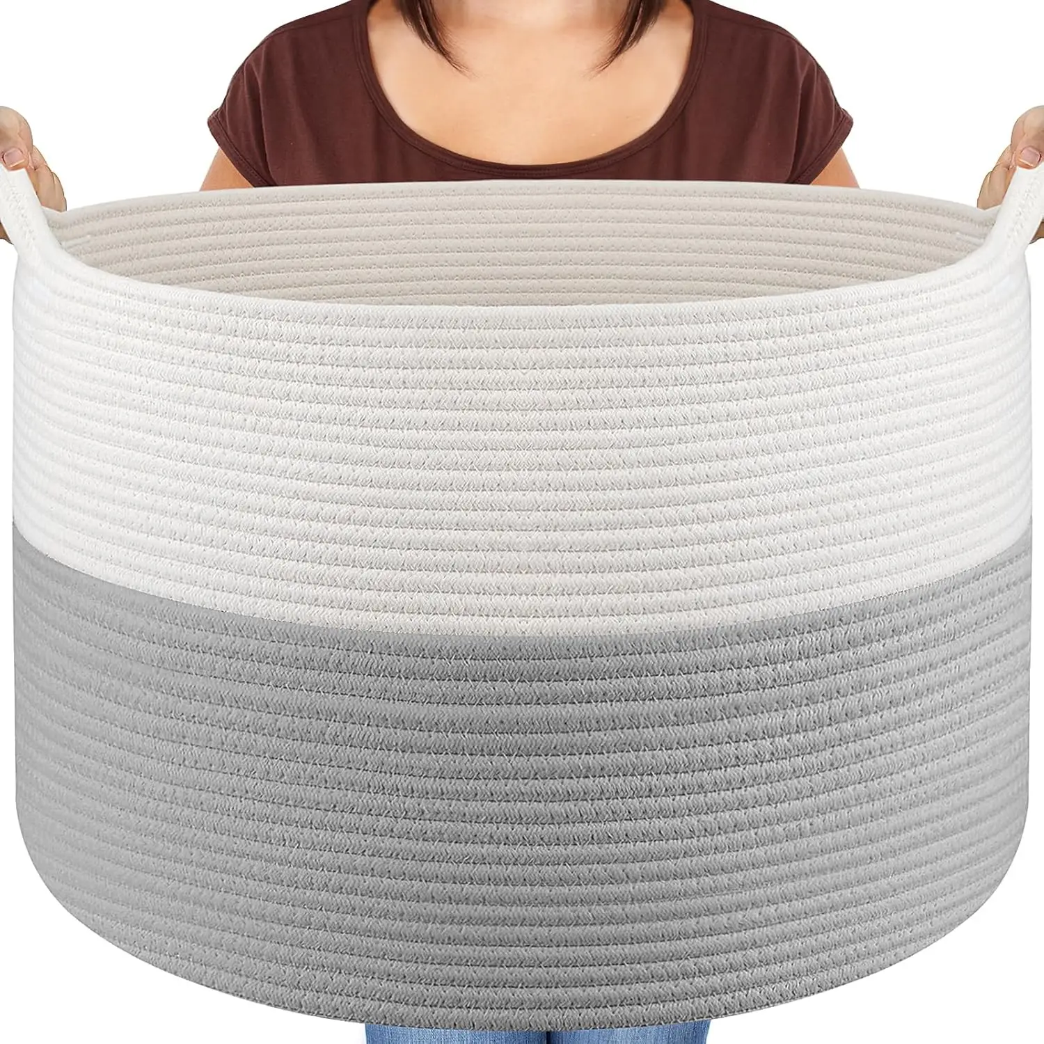 

Большая плетеная корзина для хранения с ручками - 22x22x14 дюймов, из хлопкового каната, для игрушек, полотенец, одежды