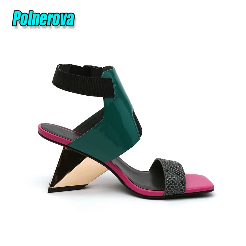Summer New Mixed Colors High Heels Fashion Square Toe Ankle Buckle Strange Heel Sandals European American Genuine Leather Shoes view 2