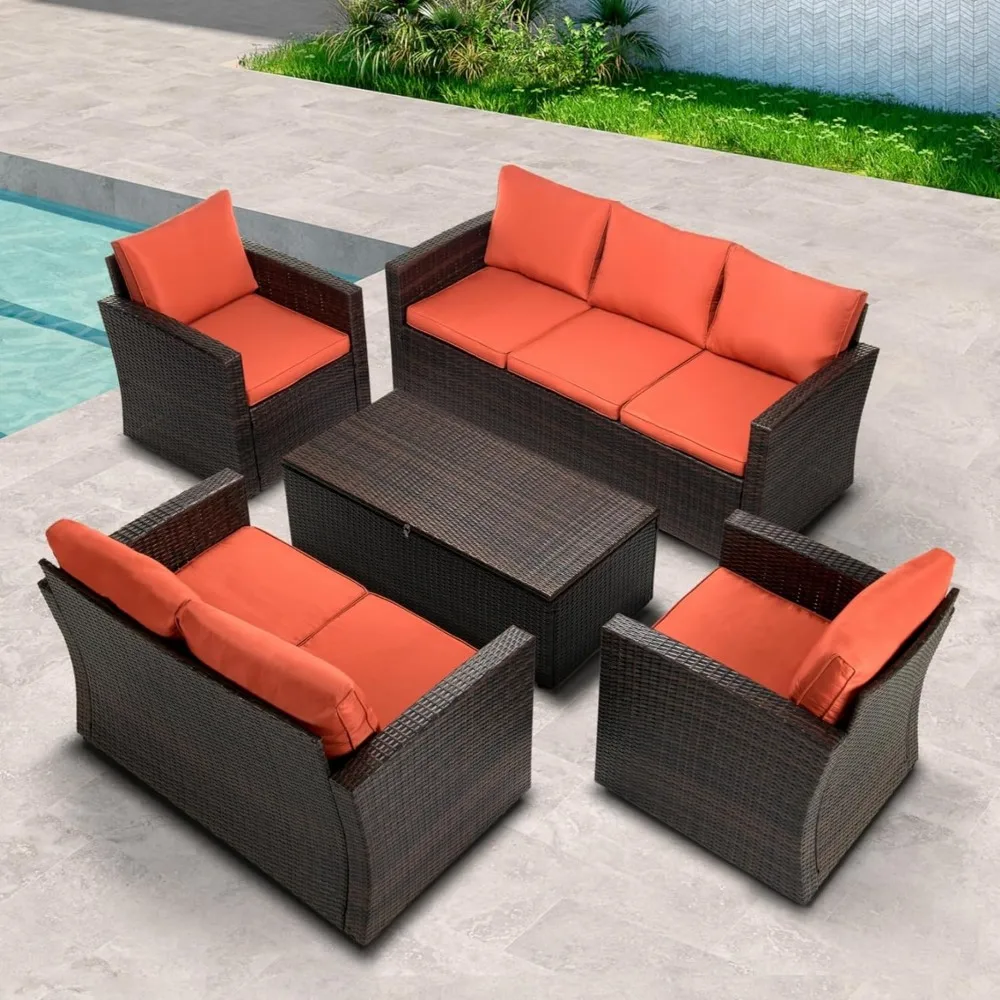 

Patio Furniture Outdoor Set All-weather PE Rattan Segmented Sofa and Backyard 5-piece Wicker Patio Conversation Set(orange Red)