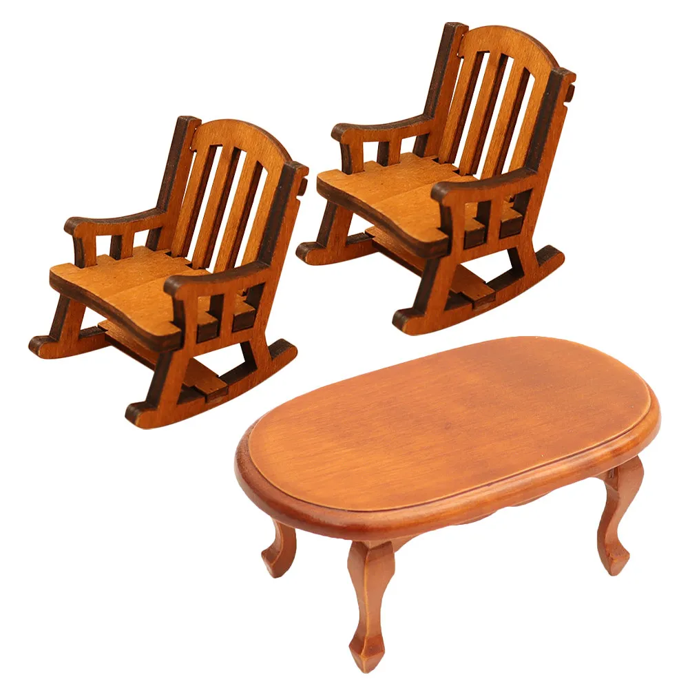 3Pcs Miniature Furniture Brown Wooden Coffee Table Rocking Chair Set Realistic Micro Accessories for Dollhouse Interior