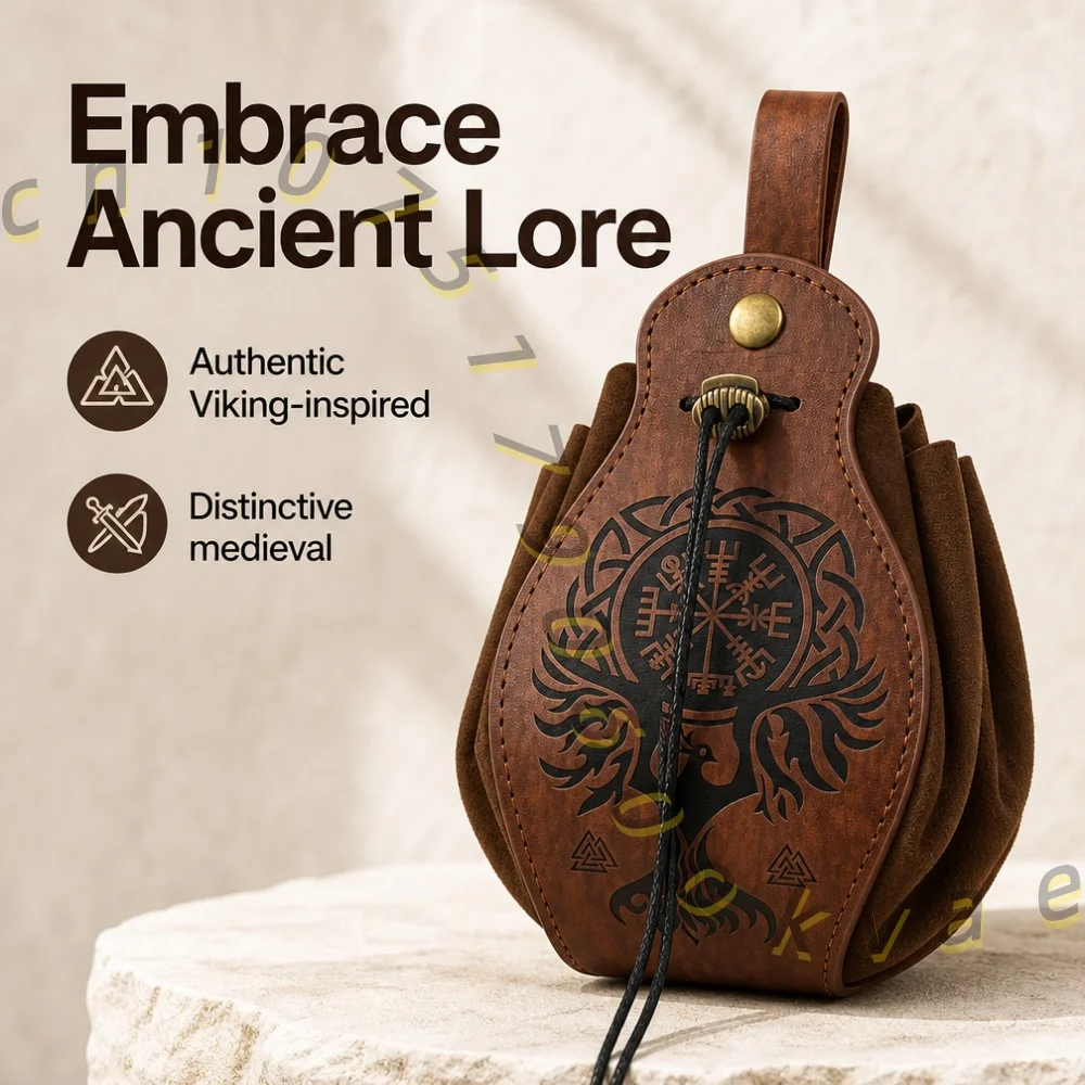 Medieval Viking Belt Pouch Retro Faux Leather Drawstring Bag Waist Purse for Cosplay LARP Renaissance Costume Accessories