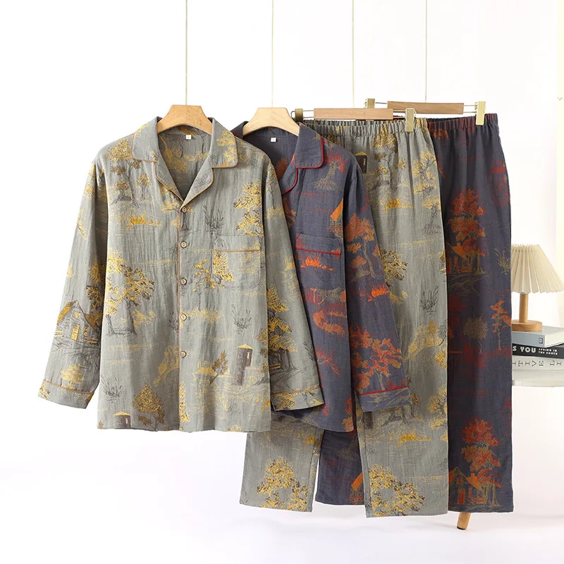

Spring Autumn Men Luxury Pajama Sets Male 100% Cotton Sleepwear Suit Male Long Sleeve Turn-down Collar Shirt & Pants Home Cloth