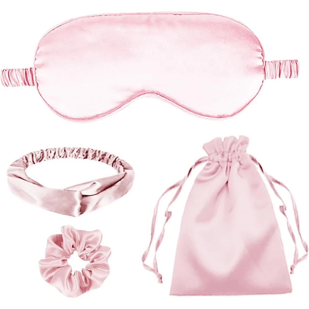 Juego de 4 piezas: Máscaras de dormir de seda, antifaces de satén, cubreojos sedosos, diadema, coleteros, bolsas de almacenamiento, regalos para damas de honor