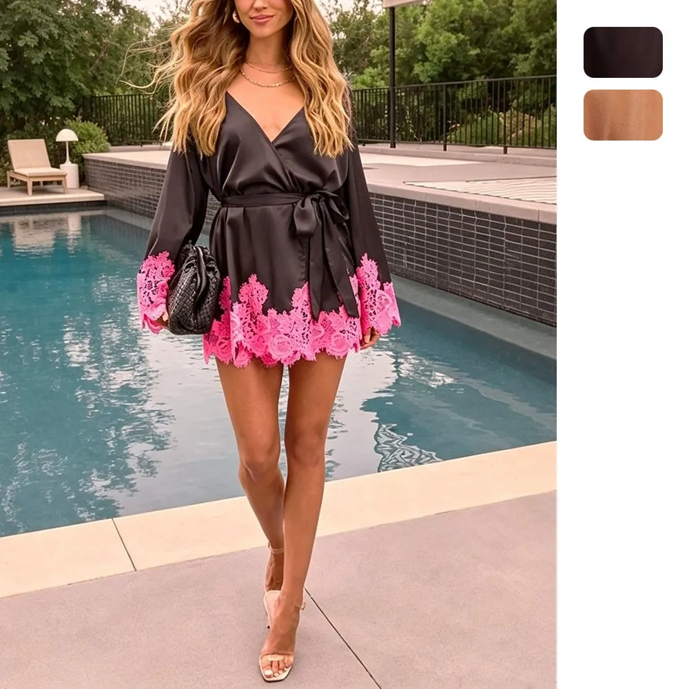 Women's Elegant Party Dress Deep V Neck Long Sleeve Slim Fit Satin A Line Sexy Open Front Color Block Regular Sleeve Drawstring