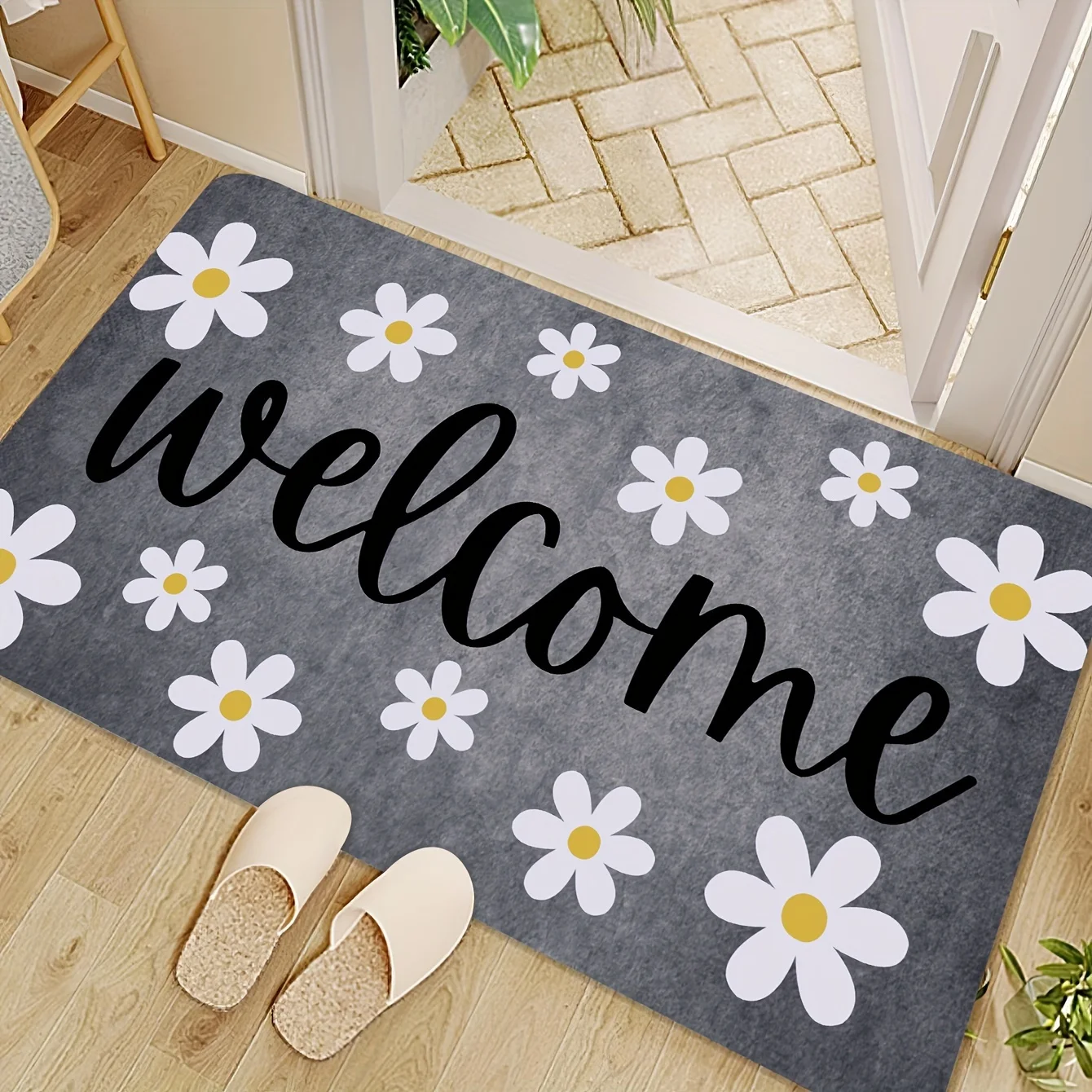 1-Pack Welcome Floral Doormat - Non-Slip Absorbent Machine Washable, White Daisies on Grey Background, for Bathroom and Kitchen