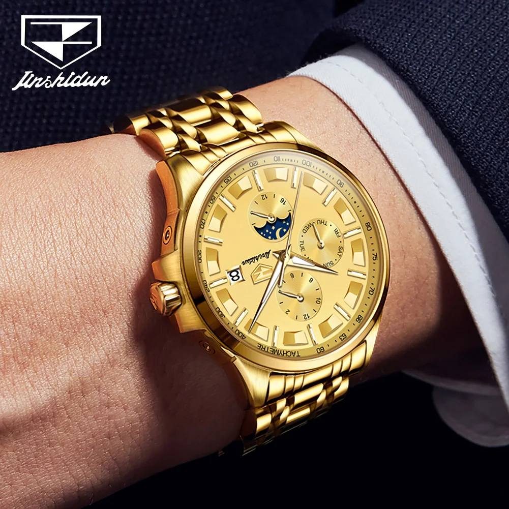 ساعة أوتوماتيكية للرجال من JSDUN مصنوعة من الستانلس ستيل ، قرص كبير ، ذهبي ، مقاوم للماء ، تقويم ، أنيق ، ميكانيكي ، فاخر ، 49