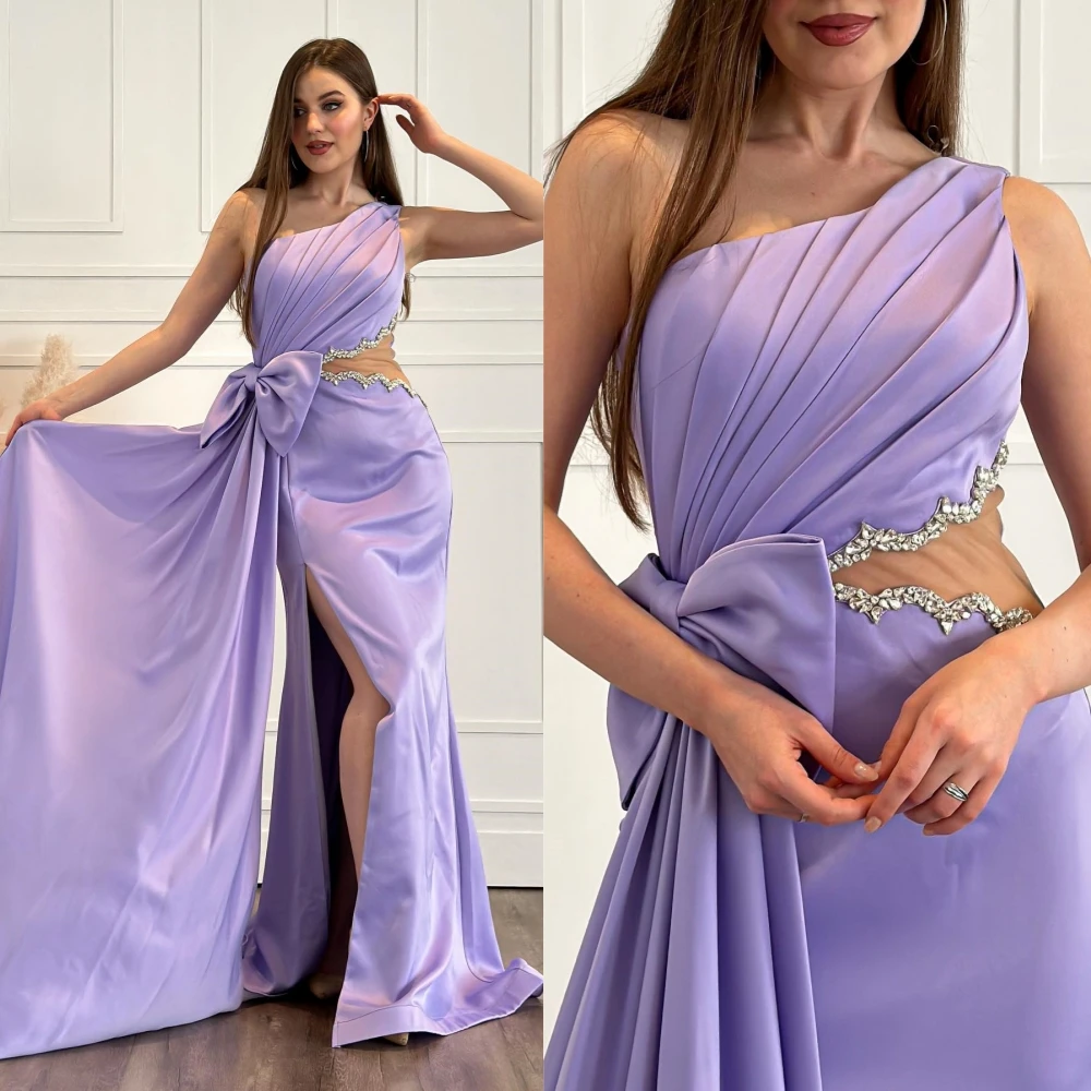 Prom Dress Saudi Arabia Prom Dress Satin Beading Bow Christmas A-line One-shoulder Bespoke Occasion Dress Floor Length