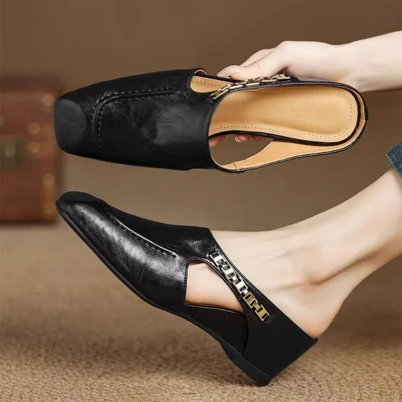 French High-end Sense Baotou Semi-slippers for Women in Summer Wear Outside and Inside Heightened Square Head Fashion Cool Mop