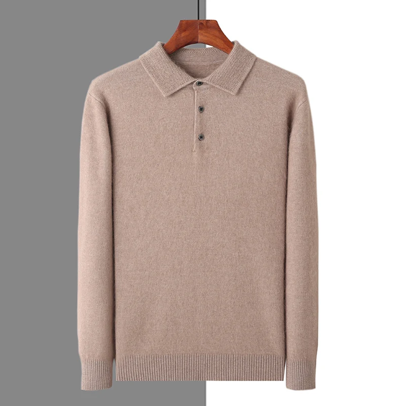 Men\'s 100%Mink cashmere Jacket with POLO Collar Honeycomb Pin Shirt Knit Pullover Autumn Winter Fashion New Style