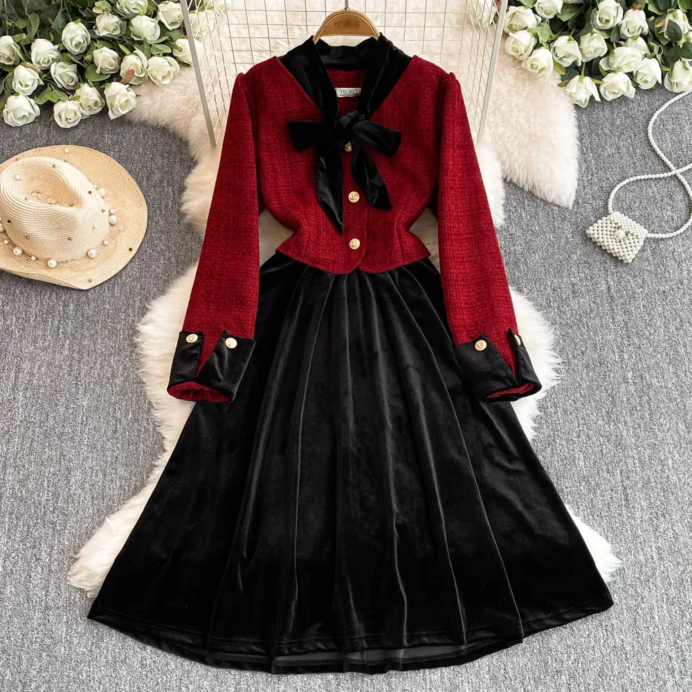 Vintage Long Sleeves Elegant Bow Collar Fake Two-piece Slim Velvet Lace-up Dresses French High Street Autumn Plus Size Clothing