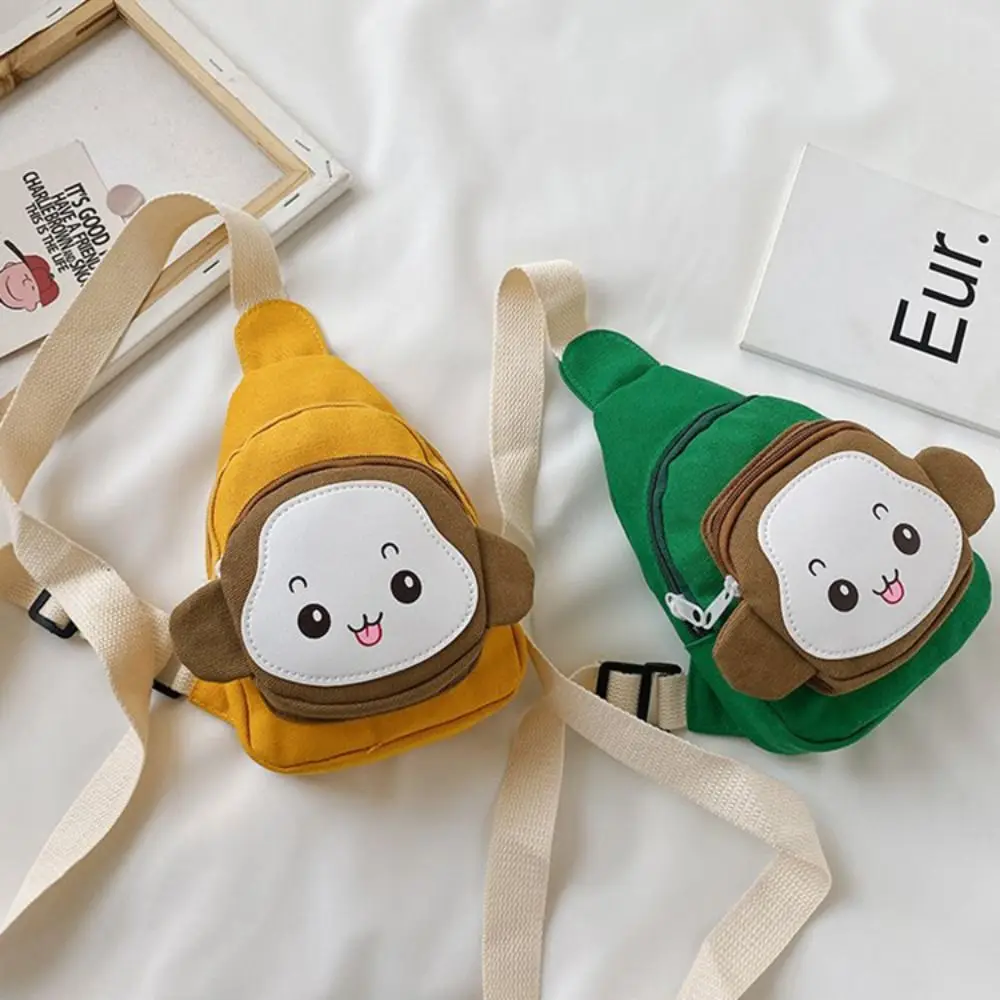 Canvas Cartoon Monkey Sling Bag para crianças, grande capacidade, zíper, crossbody, ombro, fofo, leve, viagem, peito