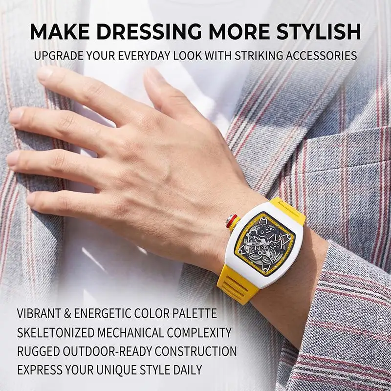 Ins Popular Tonneau Hollow Skeleton Men Watch Colorful Case Silicone Band Sport Luminous Quartz Wristwatch Fashion Male Clock Re