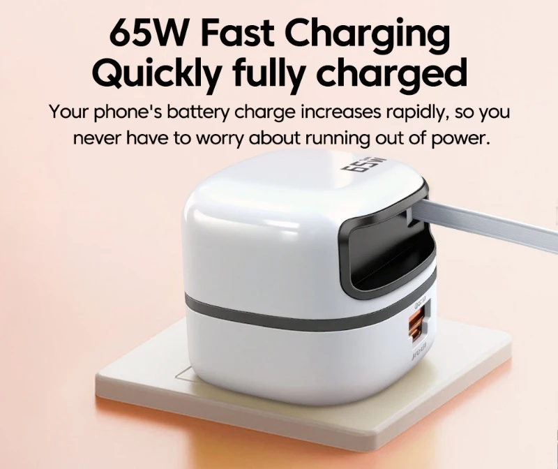 New‑Model 65W Fast Charger with Retractable Cable, Portable Folding Plug Compact Travel Charger