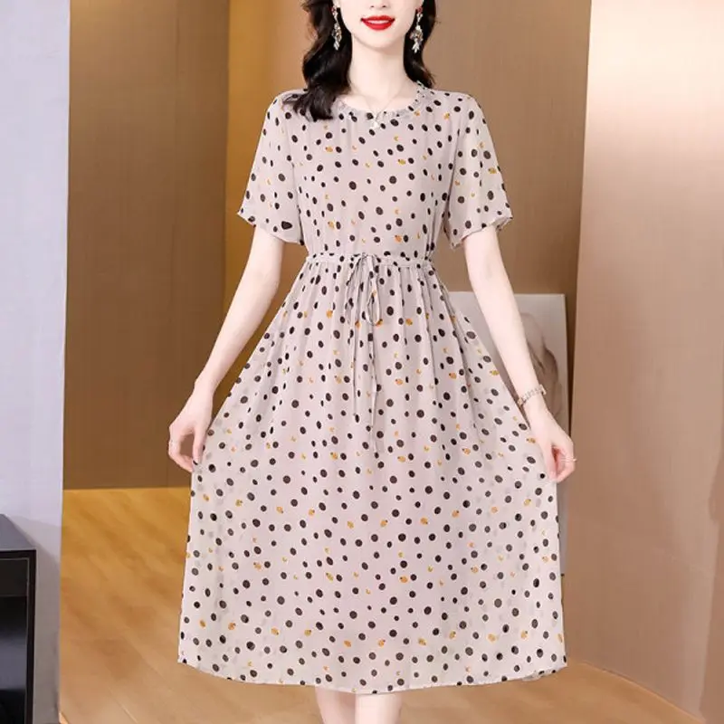 

Summer Woman Dress 2025 Vestidos De Mujer O-neck Short Sleeve Print Chiffon Robe Femme Beading Vintage Elegant Maxi Dresses