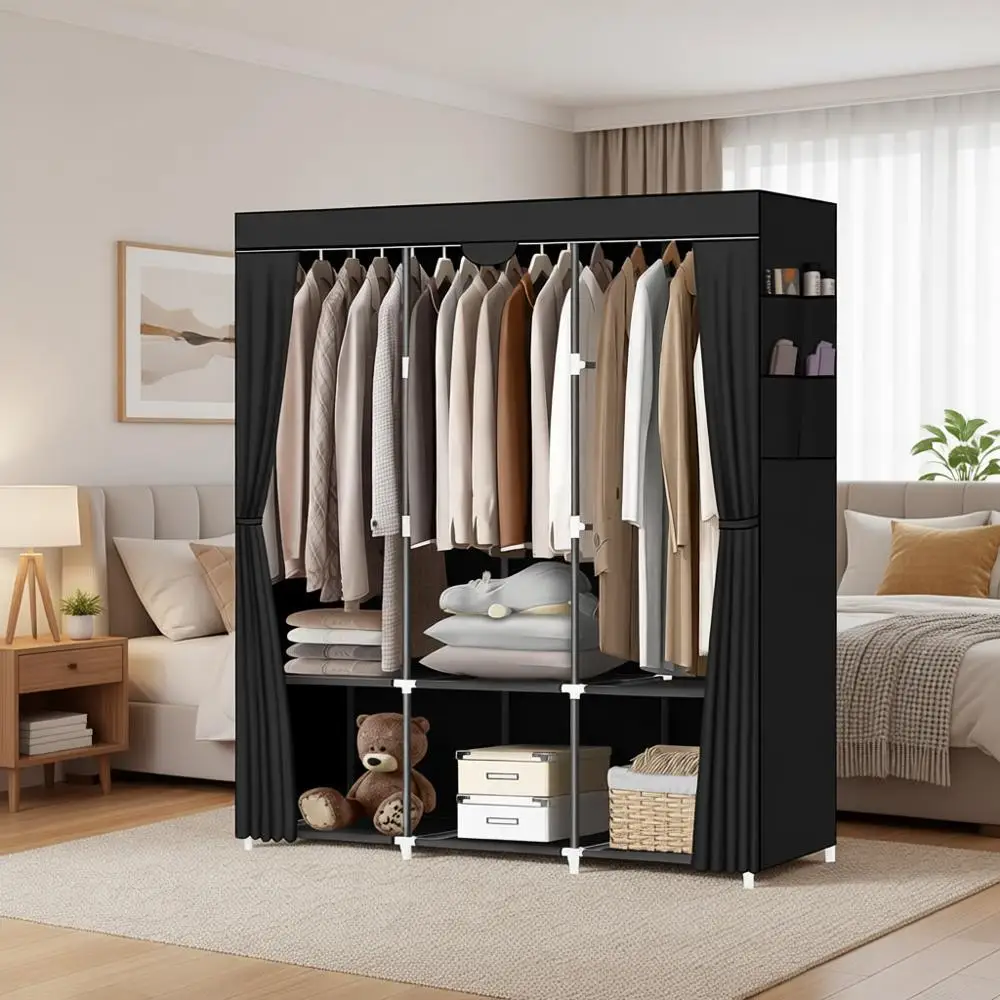 

Portable Closet with 3 Hanging Rods, 6 Shelves, and 4 Side Pockets, Easy Assembly, Black Wardrobe Closet